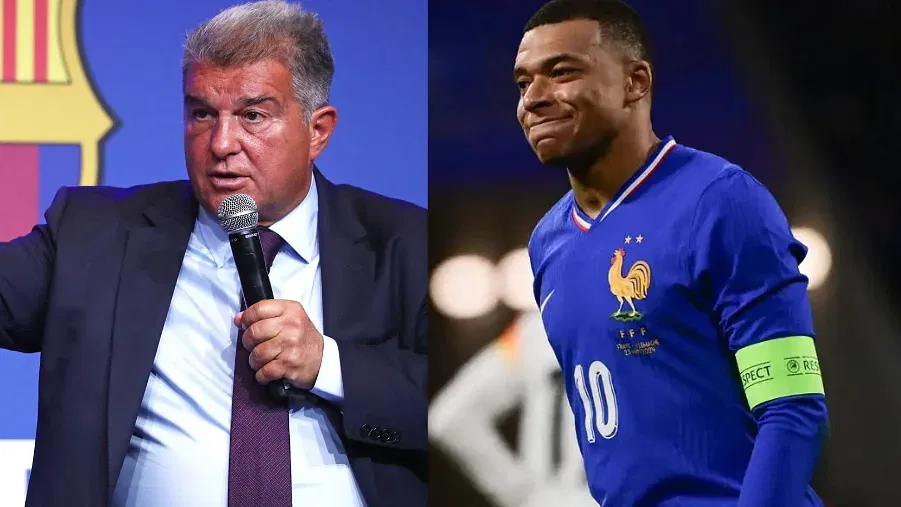 Barcelona's Joan Laporta and Real Madrid's Kylian Mbappe